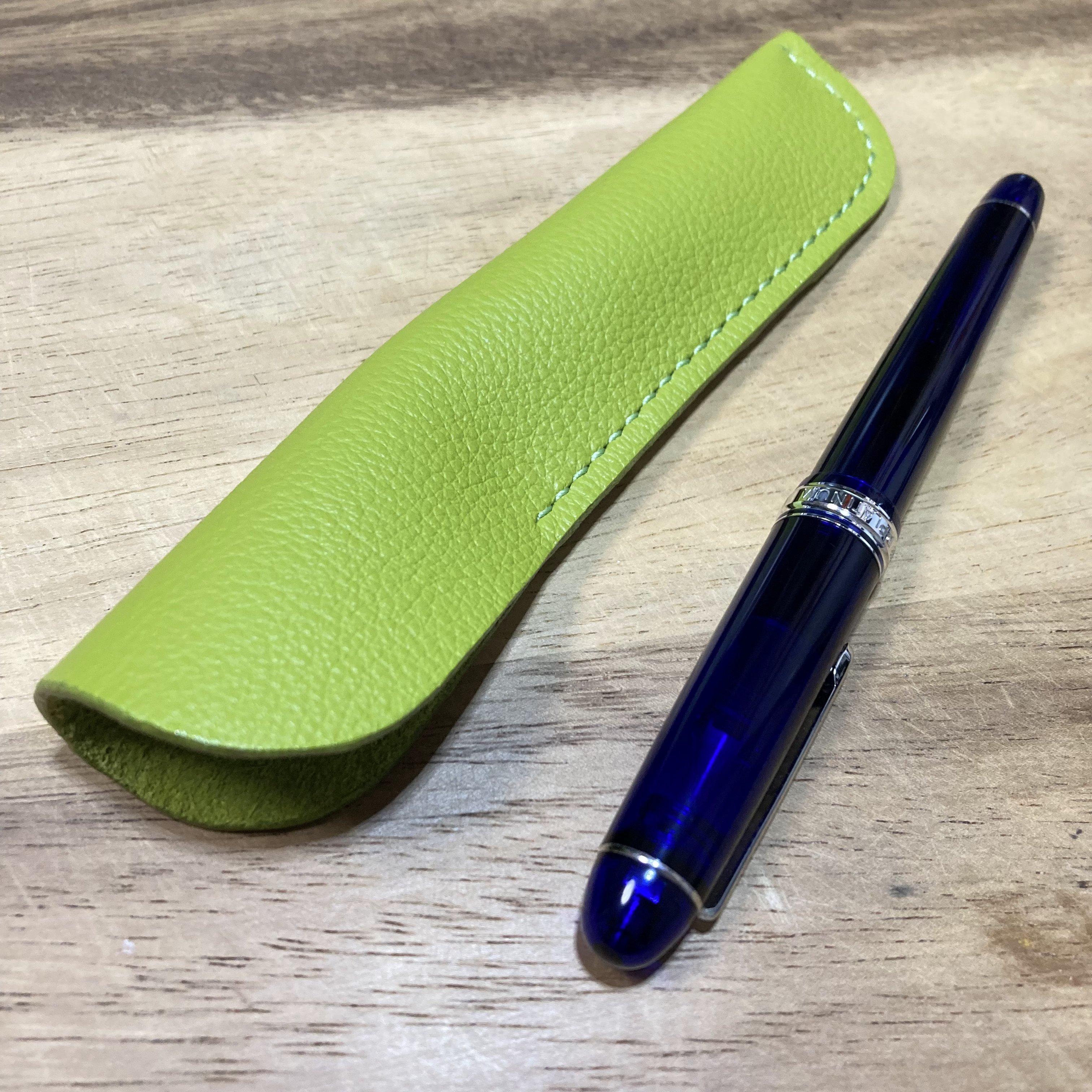 本革ペンケース 1本差し 黄緑 選べるステッチ ハンドメイド